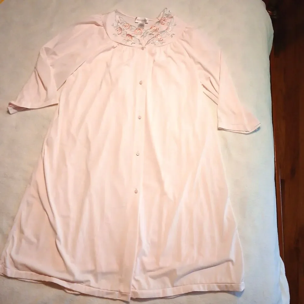 Vtg Shadowline Pink Nightgown & Robe Women’s Embroidery Trim Floral Nylon Size L